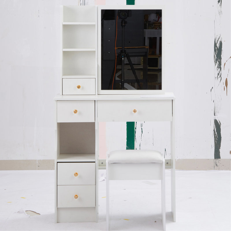 Petit meuble-lavabo de 29,2 po avec tabouret de bureau et tabouret rembourré, très grand miroir coulissant à droite, rangement multi-couches à grande capacité, commode pratique et pratique, convient aux petits espaces