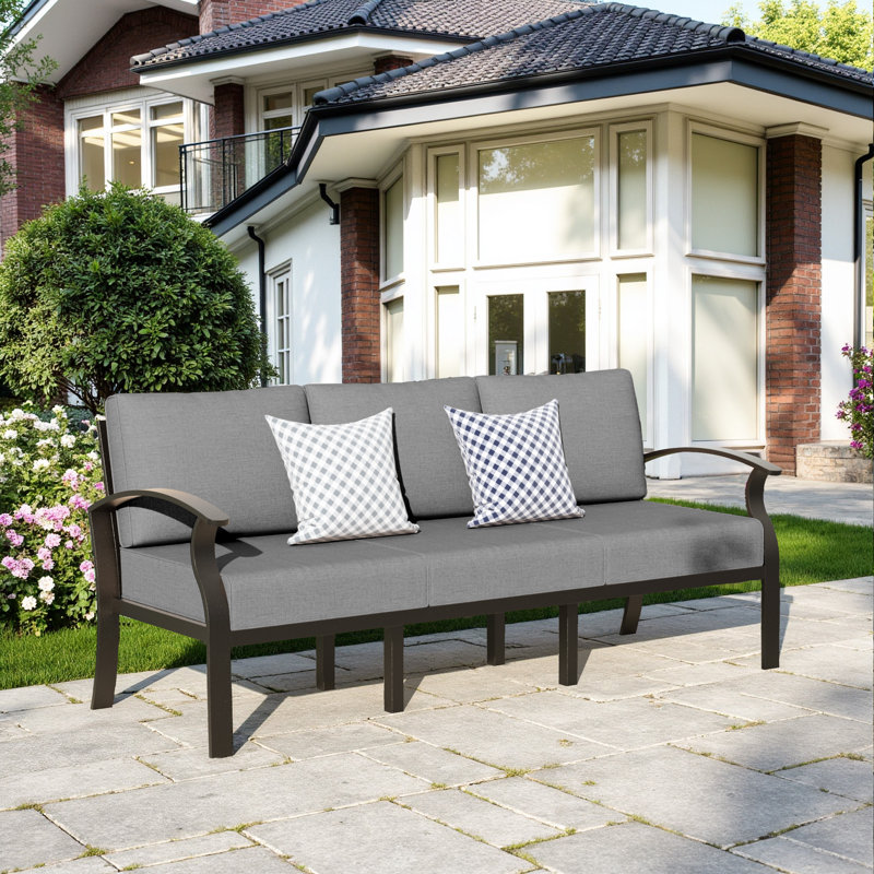 Mcknight 76'' Outdoor Aluminum Patio Sofa with Angled Backrest, Curved Armrests & Reinforced Support Legs, Gray