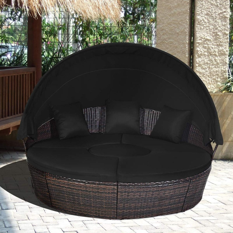 Rozi 69.5'' Wide Round Wicker Patio Daybed with Cushions, Black