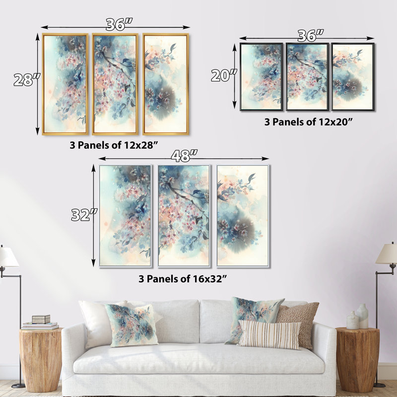 Fleur de sakura blanche sur fond bleu pastel - ensemble de 3 reproductions sur toile flottantes, H 28 po x l 36 po x P 1 po