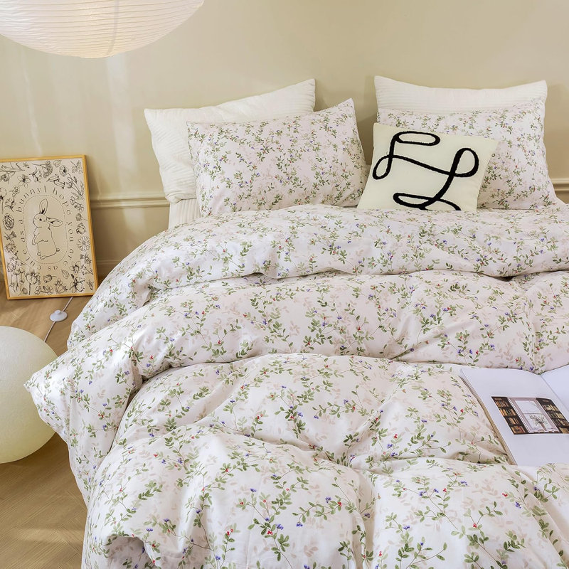 3 PCS Mini Leaves Duvet Cover Ultra Soft & Breathable Comforter Cover, Queen Duvet Cover + 2 Shams, Green Floral