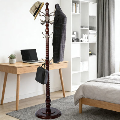 Freestanding Coat Rack With 14 Hooks, Adjustable Height Tree Stand For Entryway, Hallway, Bedroom Or Home Office, Solid Wood And Metal Construction