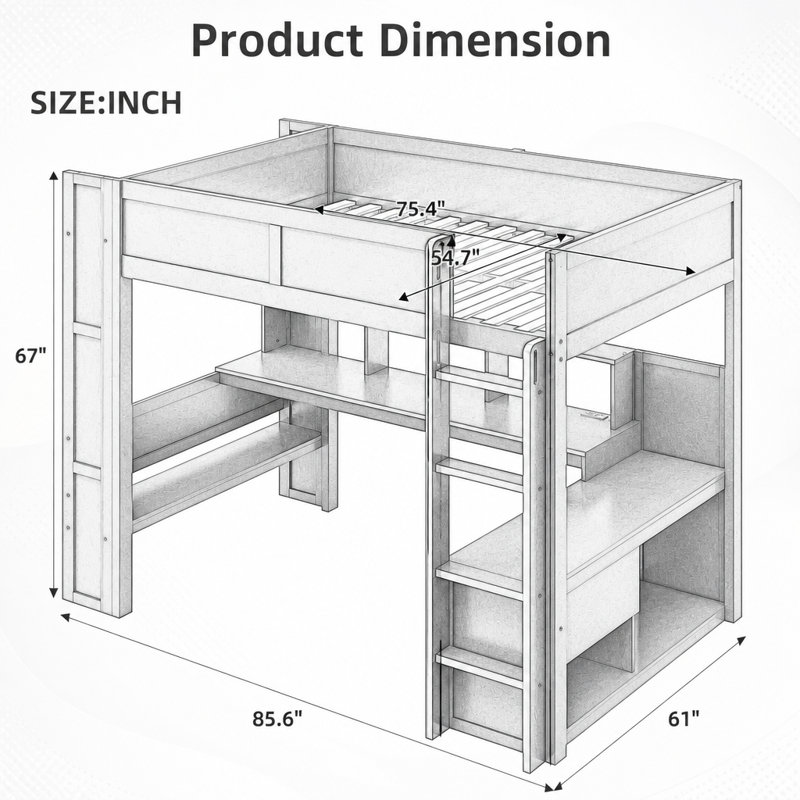 Lit mezzanine de jeu en bois (taille standard) avec bureau, étagères de rangement multiples, éclairage DEL et station de recharge, noir et rouge