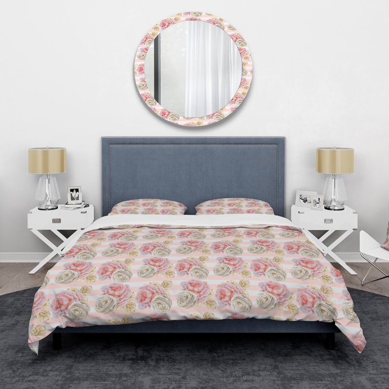 Roses de mariage blanches et roses - Ensemble de housse de couette traditionnel - Microfibre de polyester