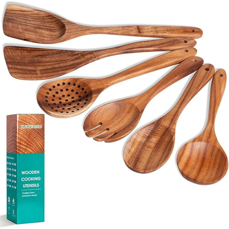 Cuillères en bois pour la cuisine - Ensemble d'ustensiles de cuisine en bois de teck naturel 6 pièces