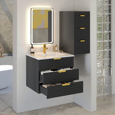 Armoire flottante murale 24 po avec armoire latérale, meuble-lavabo rectangulaire, petit lavabo de salle de bain avec trou de robinet simple et trop-plein, armoire de salle de bain moderne avec lavabo en céramique