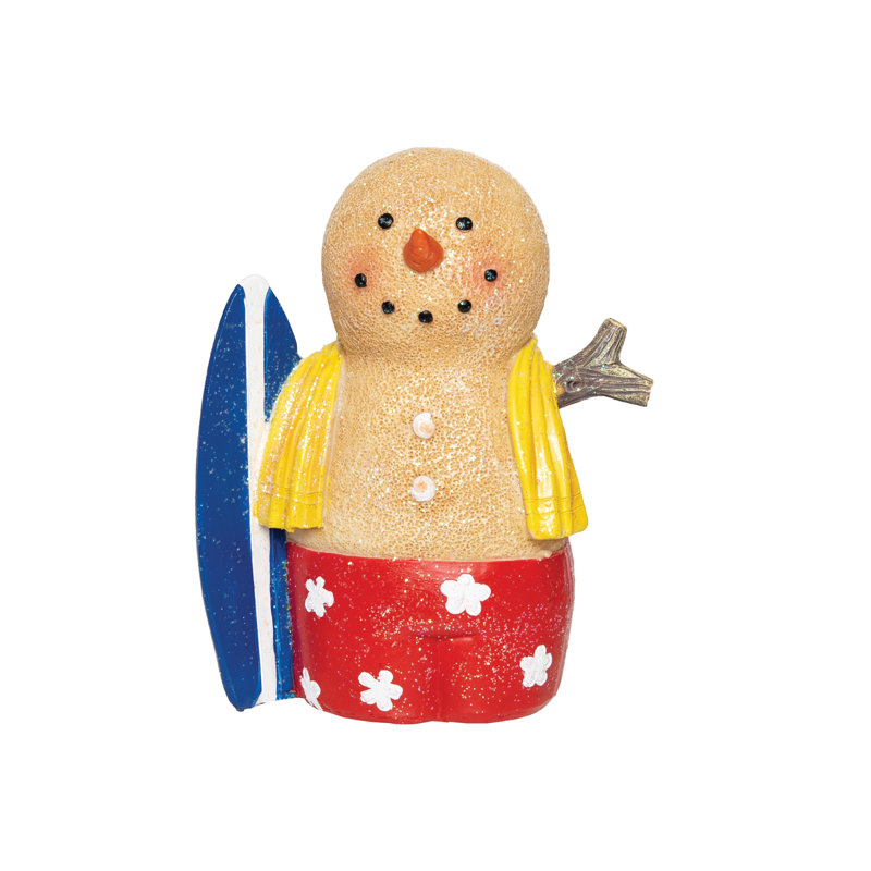 Figurine bonhomme de neige sable avec planche de surf bleue