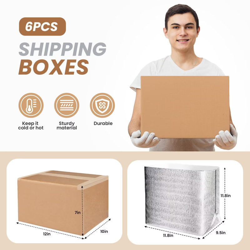  6 Pack 12 Inch x10 Inch x7 Inch Insulated Shipping Boxes with Aluminum Foil Liner,Thermal Insulation Cold Pack Shipping Boxes for Frozen , Reusable Styrofoam Cooler Box, Small Mailing Box