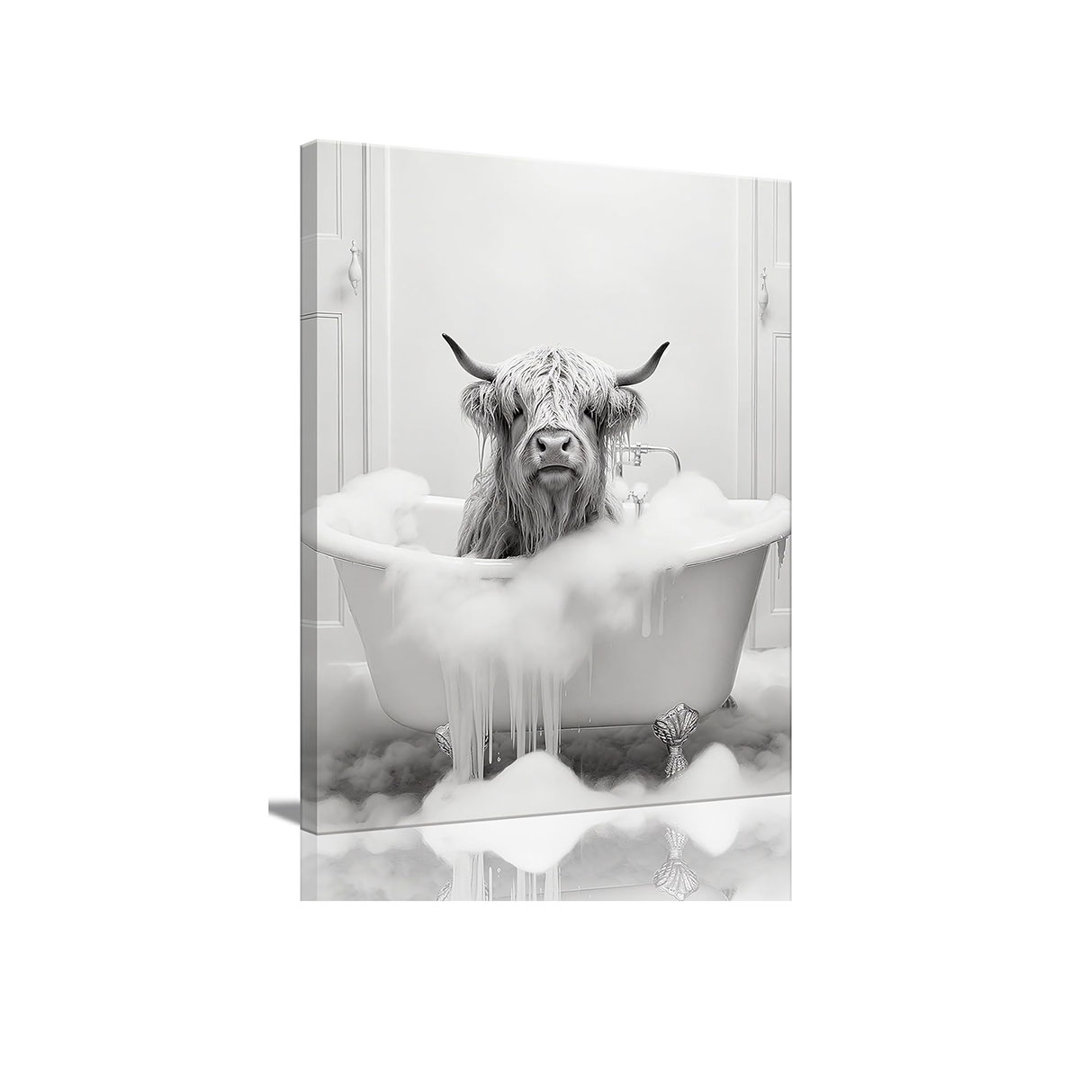 Funny Bathroom Framed Wall Art Black And White Animal Canvas Wall Art Prints Highland Cow In Bathtub Pictures Wall Decor Modern Minimalist Humorous Ar