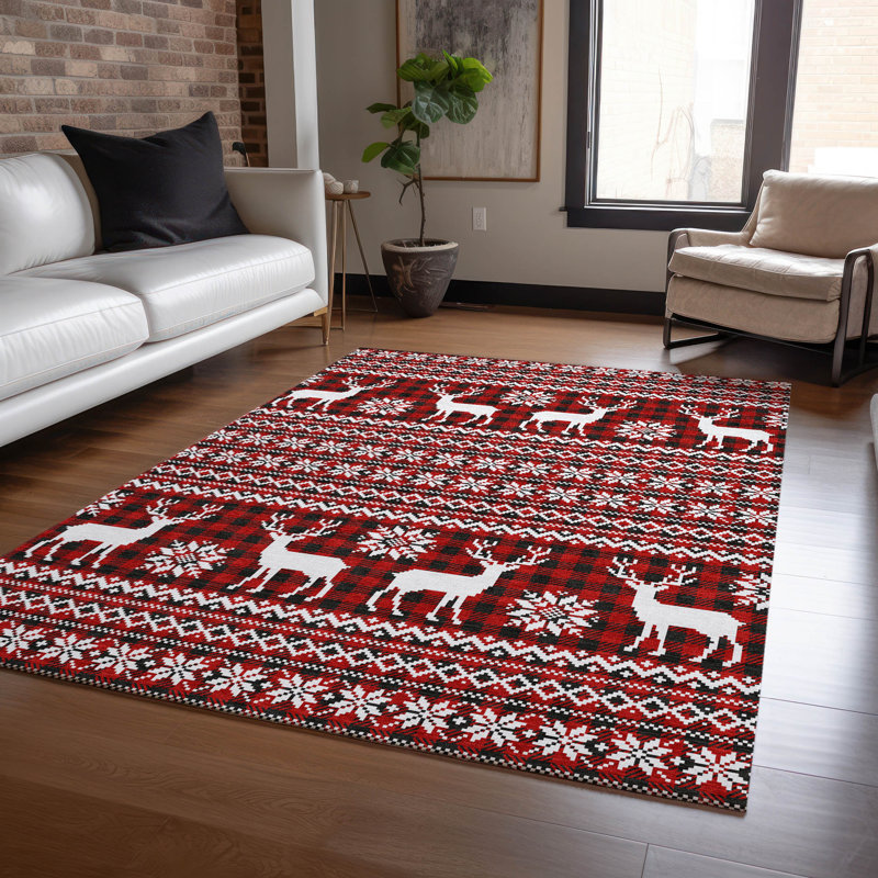 Red and White Reindeer Pattern Washable Synthetic Rug 5' x 7'