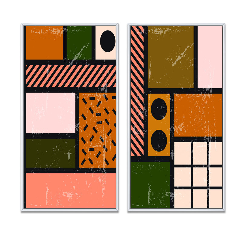 Minimal Abstract Shapes in Retro Colors IV - ensemble de 2 impressions, H 32 po x l 32 po x P 1 po, Toile avec cadre blanc