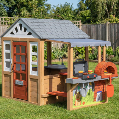 Kids Wooden Playhouse with 17-Piece Kitchen Set, Outdoor BBQ Grill, Pizza Oven, Bench, Doorbell & Accessories