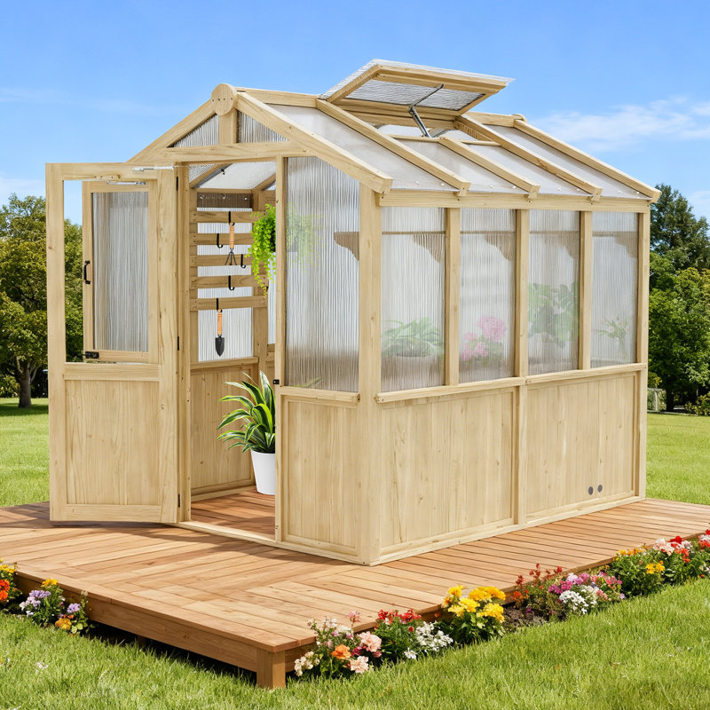6.7x7.5 ft. Wooden Greenhouse with Cedar Frame, Outdoor Wood Polycarbonate Walk-in Greenhouses with Roof Vent