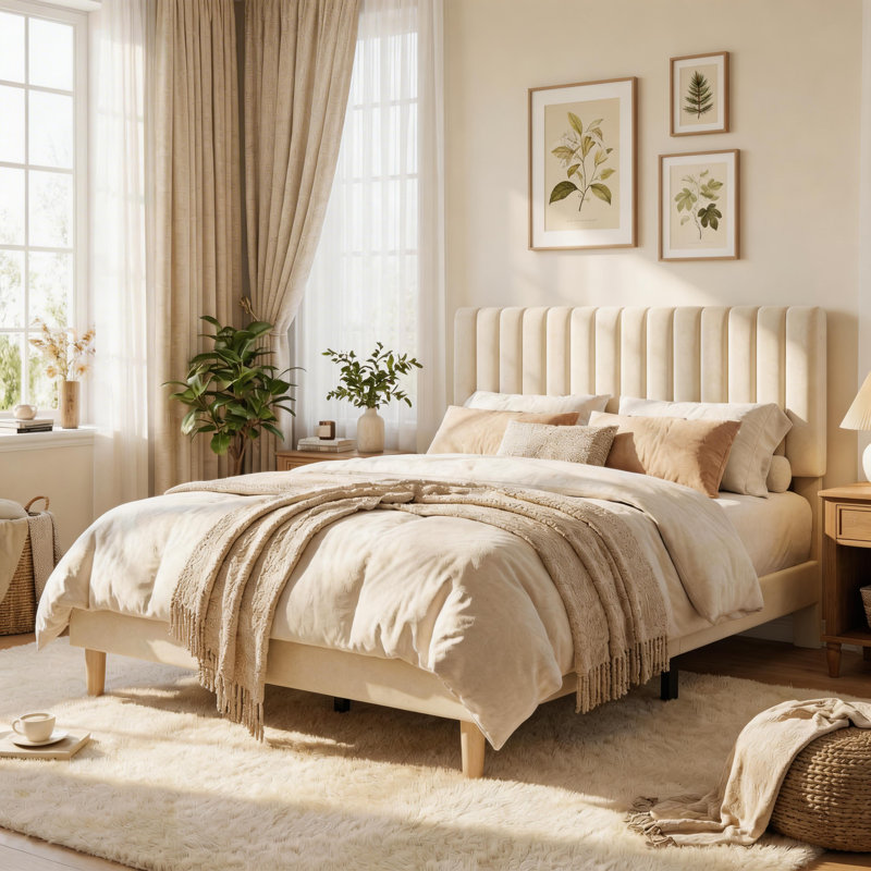 Full Size Velvet Upholstered Platform Bed Frame with Adjustable Headboard, No Box Spring Required, Easy Assembly, Beige, Full