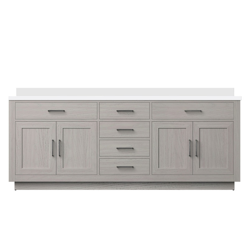 Meuble-lavabo double en chêne blanc 84 po X P 22 po D, avec plateau en quartz blanc, Chêne blanc