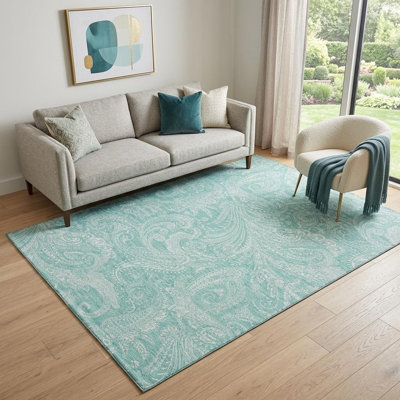 Tapis lavable sarcelle et ivoire 5 pi x 8 pi avec protection UV