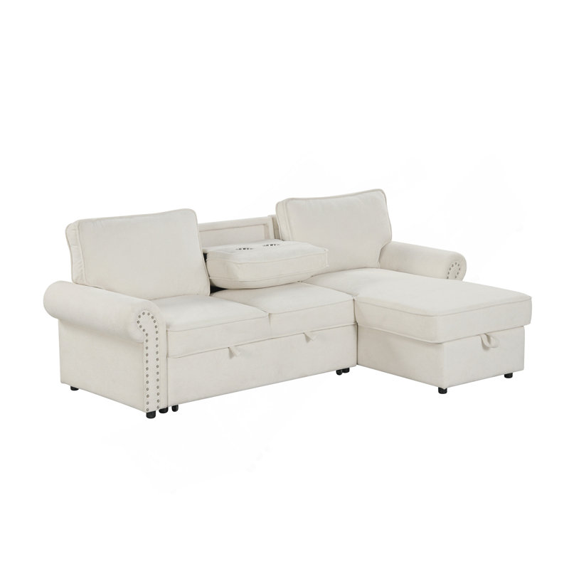 Canapé-lit modulaire convertible 95 po avec méridienne de rangement, dossier escamotable avec 2 porte-gobelets, accoudoirs arqués avec garniture cloutée, tissu en polyester tricoté chaîne, structure en bois d'acacia