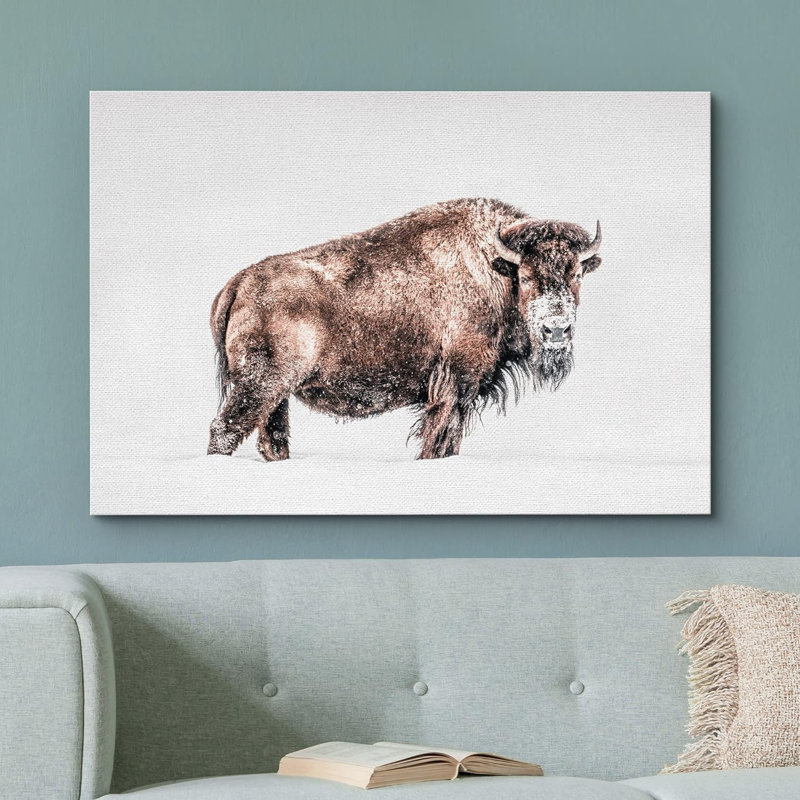 Cow " Brown Bison In Snowy ", Wrapped Canvas, 16" H x 24" W x 1.5" D