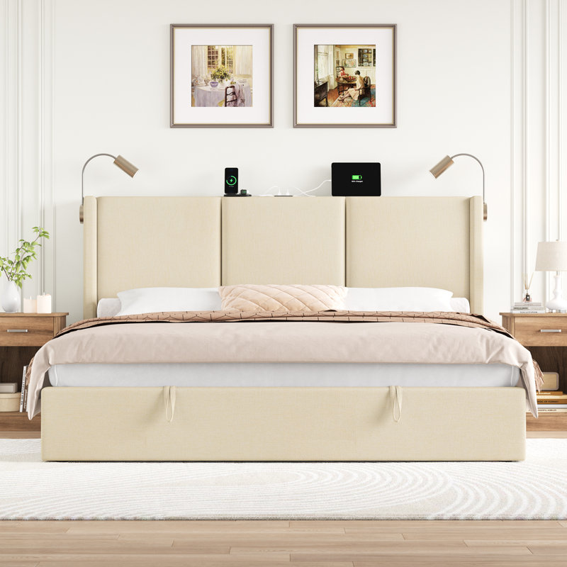 Reman Lift Up Storage Bed with Reading Lights, Linen