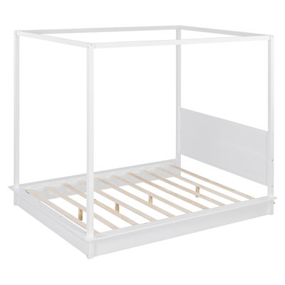 Queen Size Wood LED Canopy Bed ,Canopy Platform Bed With Support Slats, No Box Spring Needed, White