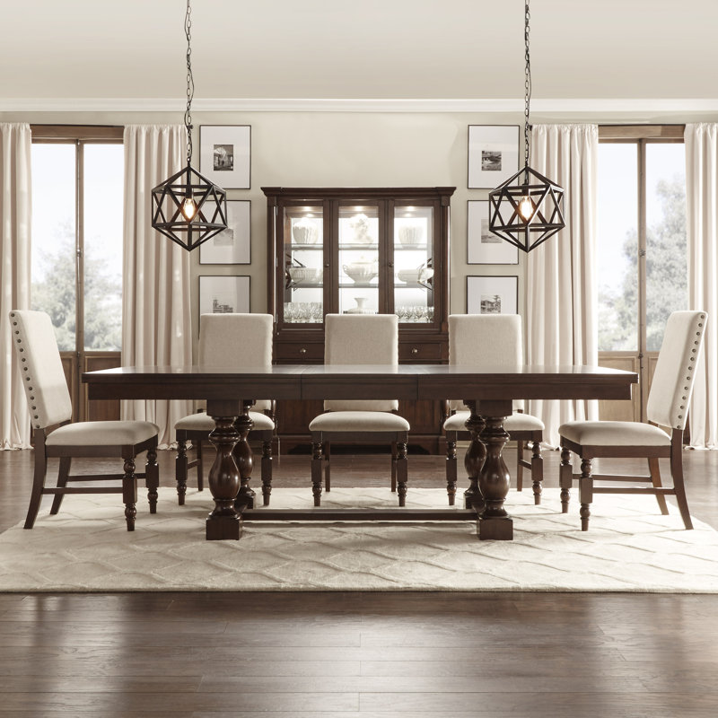 Gunnel 75.5-95.5" Extending Dining Set - Burnished Dark Oak Finish, Linen, 5-Piece Set, Beige