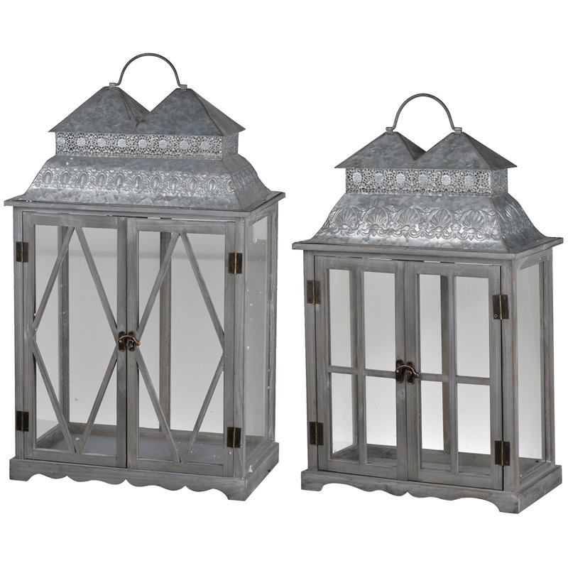 Set of 2 Silver Scape Fir Wood & Glass Patio Lanterns with Metal Roof