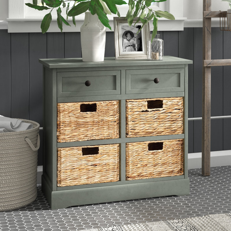 Beverly Wood 4 Baskets and 2 Drawers Storage Unit, Teal