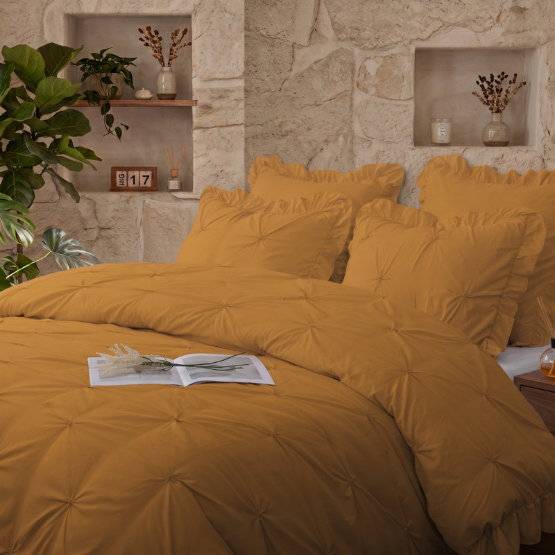 5 Piece Romantic Princess Pintuck Comforter Set, King Comforter + 4 King Shams, Mustard