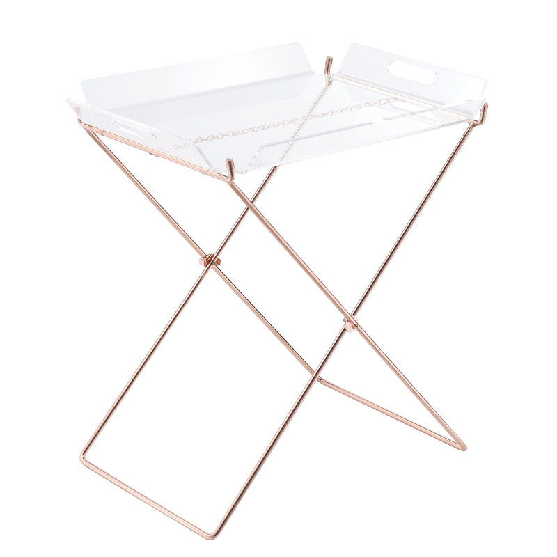 Table d'appoint moderne transparente et cuivrée au design polyvalent pour le rangement dans la chambre, décoration élégante en acrylique pour le salon