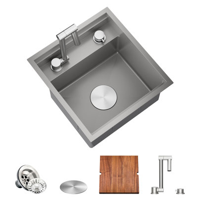 RV Kitchen Sink, 16 x 17 x 9 Inch Undermount Bar Sink with Foldable Faucet Cutting Board