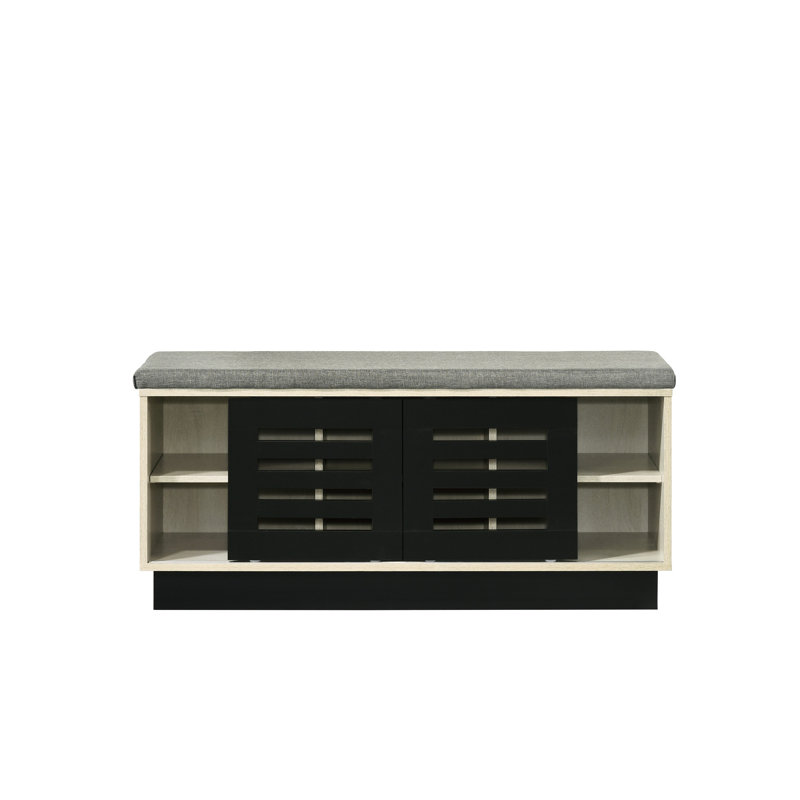 Enchanting Shoe Cabinet With Upholstered Top And Sliding Door Enchantment Oak Finish Doors Grey