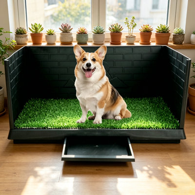 3-Sided Enclosed Dog Potty Tray With Realistic Grass Mat And Pull-Out Waste Tray, Indoor Pet Toilet For Small To Medium Dogs, Modern Black Design For Apartment And Home Use
