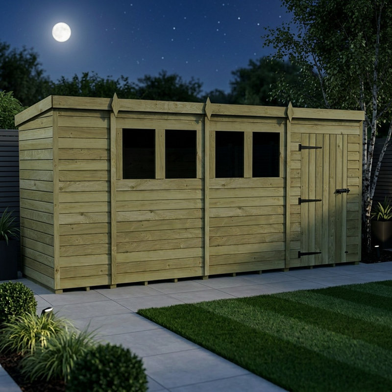 Total Sheds 14ft x 4ft Pent Garden Shed - Single Door - With Windows - Pressure Treated Timber - UK Manufactured