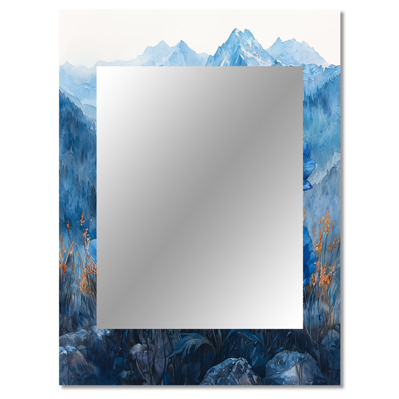 Pivoines bleues sur un sommet de montagne II - miroir décoratif pivoines, miroir mural traditionnel, impression d'art en métal