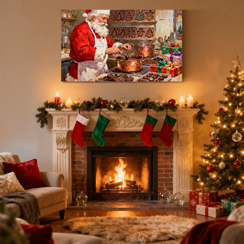 Ensemble de 3 impressions sur toile, "Christmas Santa Fabrication de chocolat dans la cuisine", H 20 po x l 30 po