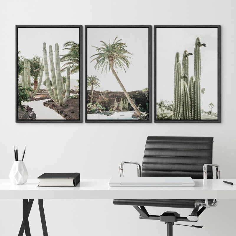 «Cactus Desert Green Palm Tree Southwest Nature Landscape», reproduction d'art sur toile encadrée, Noir, H 36 po x l 72 po