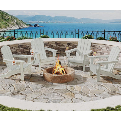 All-Weather Collapsible Adirondack Chair Set of 4 – Durable HDPE Patio Chairs with Cup Holder, Classic Wooden Texture, for Outdoor Garden, Deck, Fire Pit – Embossed Wood Grain - White 4 Pieces
