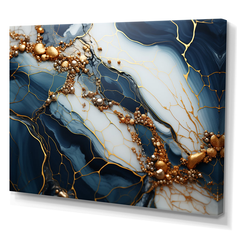 Encre de marbre dorée et bleue - Art mural en marbre, H 24 po x l 32 po x P 1 po, Toile tendue