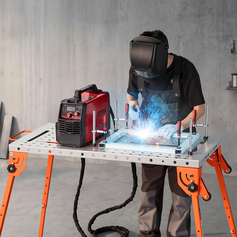 Table de soudage pliable, établi de soudage de 112 x 53 cm (44 x 21 po), capacité de 227 kg (500 lb), hauteur réglable sur 4 niveaux, table de travail robuste en acier avec 6 emplacements pour outils et trous de fixation de 16 mm (0,63 po) pour la réparation d'assemblages de soudage.