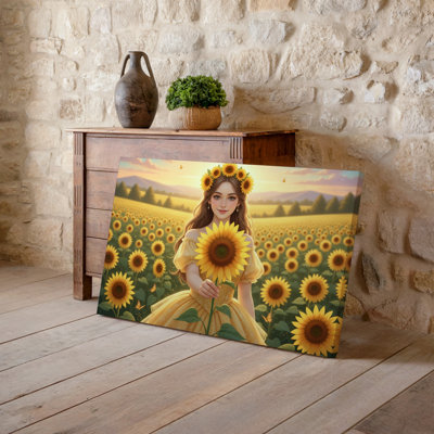 Canvas A Young Woman Stands Gracefully In A Vibrant Sunflower Field Wall Art Her Long Flowing Hair Adorned With A Crown Of Sunflowers Canvas Wall Art