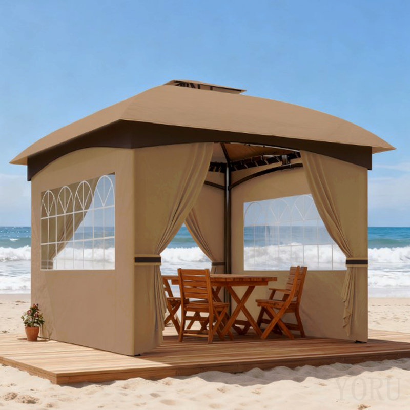 Pavillon de jardin au design élégant, pavillon de patio à double toit avec rideaux, fenêtres d'églises, pour l'extérieur