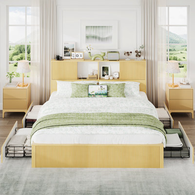 Bed Frame With 4 Storage Drawers, Storage Headboard, Platform Bed With Built-In USB Ports And Power Outlets