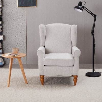 Table basse et fauteuil de luxe rétro, chaise de lecture beige à haut dossier, table en bois massif, accoudoirs de style volute, pieds à colonne romaine, chaise en mousse de résilience, avec structure en bois d'hévéa, conception d'aile pour