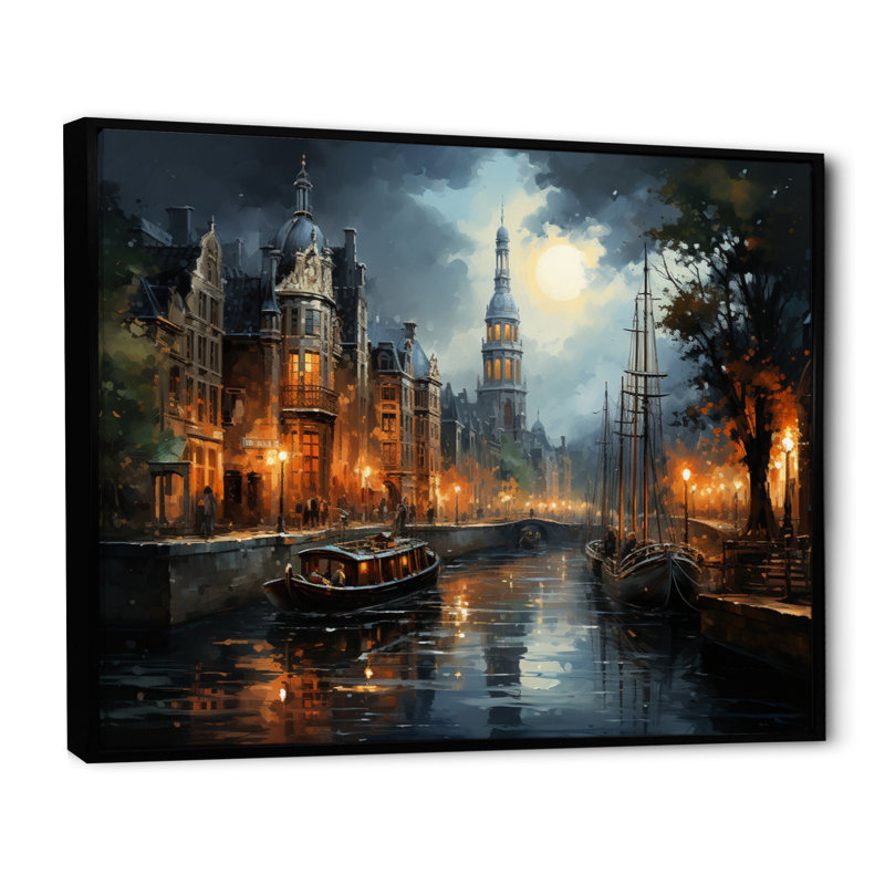 «Danemark Amsterdam Canal at Night I», reproduction sur toile, H 30 po x l 40 po x P 1,5 po, Cadre flottant noir