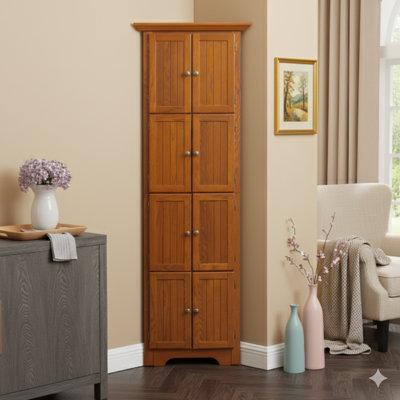 Four-Tier 72-Inch Corner Kitchen Pantry Storage Cabinet With Eight Doors, Tall Storage Cabinet, Corner Cabinet And Shelves, Farmhouse-Style Bookshelf Cabinet For Bathroom, Living Room, Or Kitchen (Oak Finish)