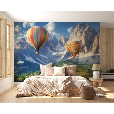 Scenic Hot Air Balloon Flight Mountain Landscape Wallpaper - Serene Adventure Wall Mural (Non-Woven) VN381