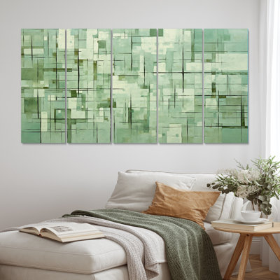 «Retro Geometrics In Faded Emerald II», reproduction sur toile abstraite - 5 panneaux égaux