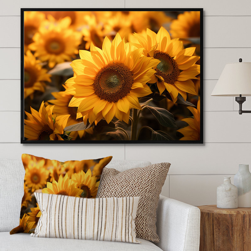 " Yellow Sunflowers Field ", Black Floater Framed, 16" H x 32" W x 1" D