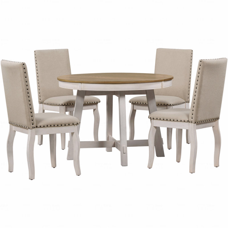 Ensemble de table de salle à manger à rallonge 5 pièces en bois rond et 4 chaises rembourrées, Bois de chêne naturel