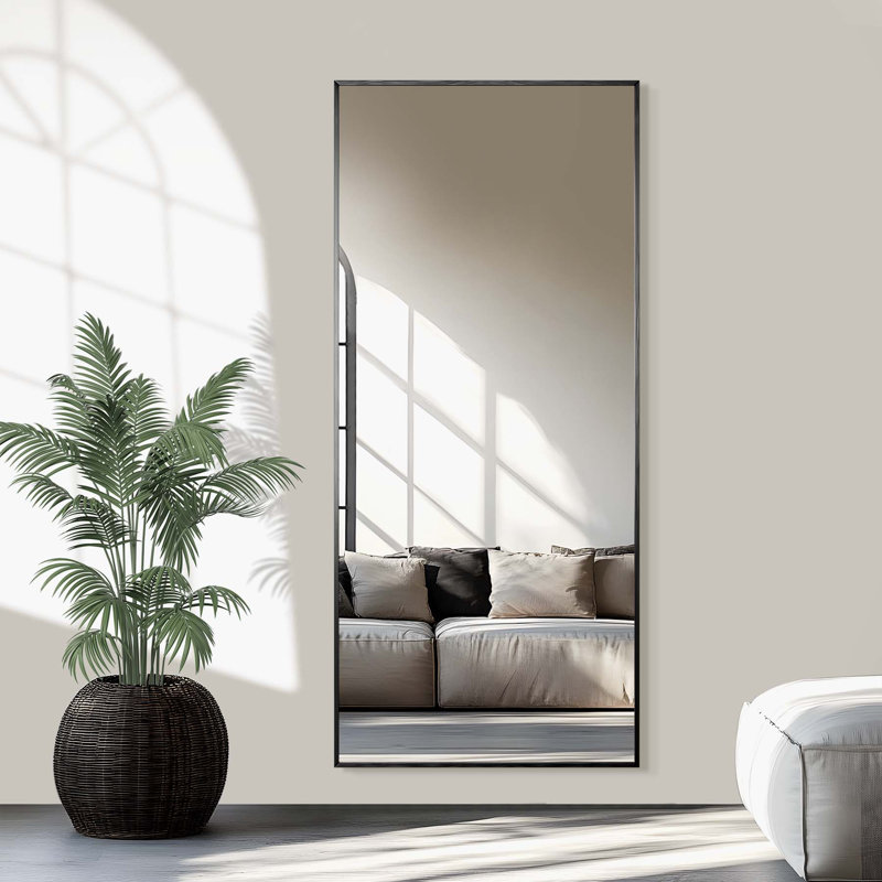 64"X22" Rectangle Metal Framed Full-Length Mirror With Stand, 64" x 22", Black